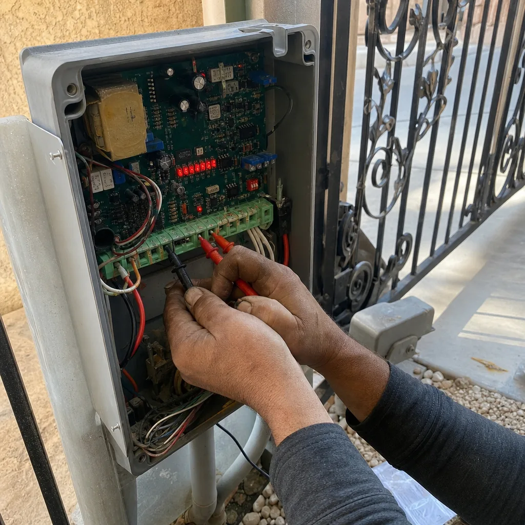 Technician performing professional electric gate repair and electrical diagnostic testing
