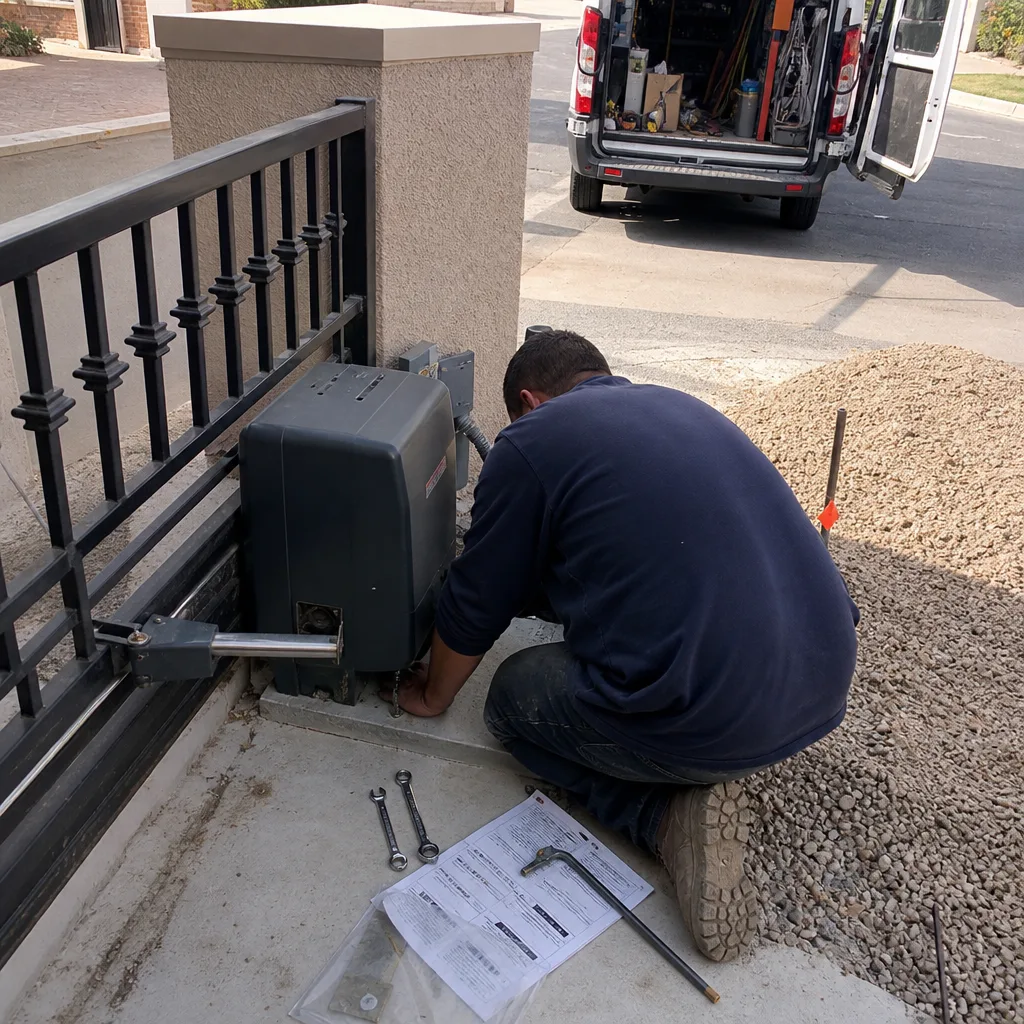 Technician performing professional electric gate motor repair service