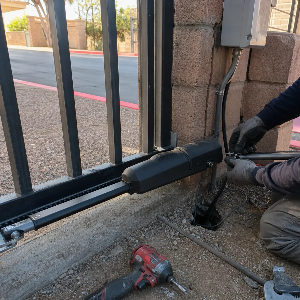 Technician performing professional electric gate repair and maintenance on actuator