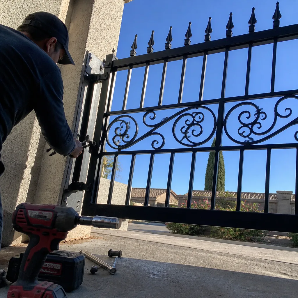 Professional contractor performing metal gate installation and repair