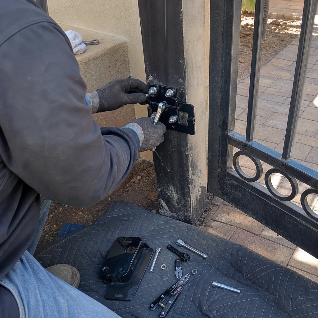 Technician using a wrench to repair a black metal gate