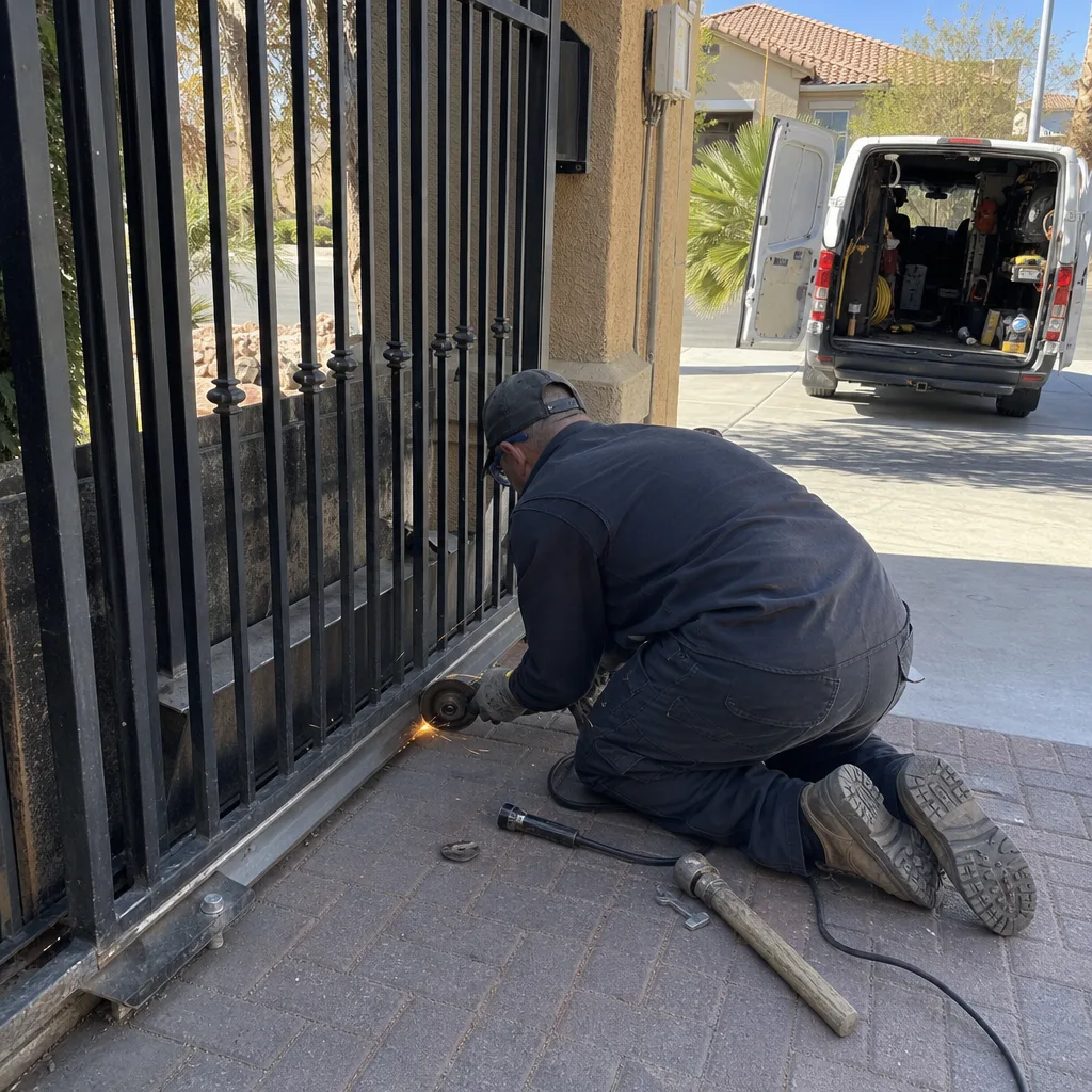 Technician using an angle grinder to repair a residential metal gate