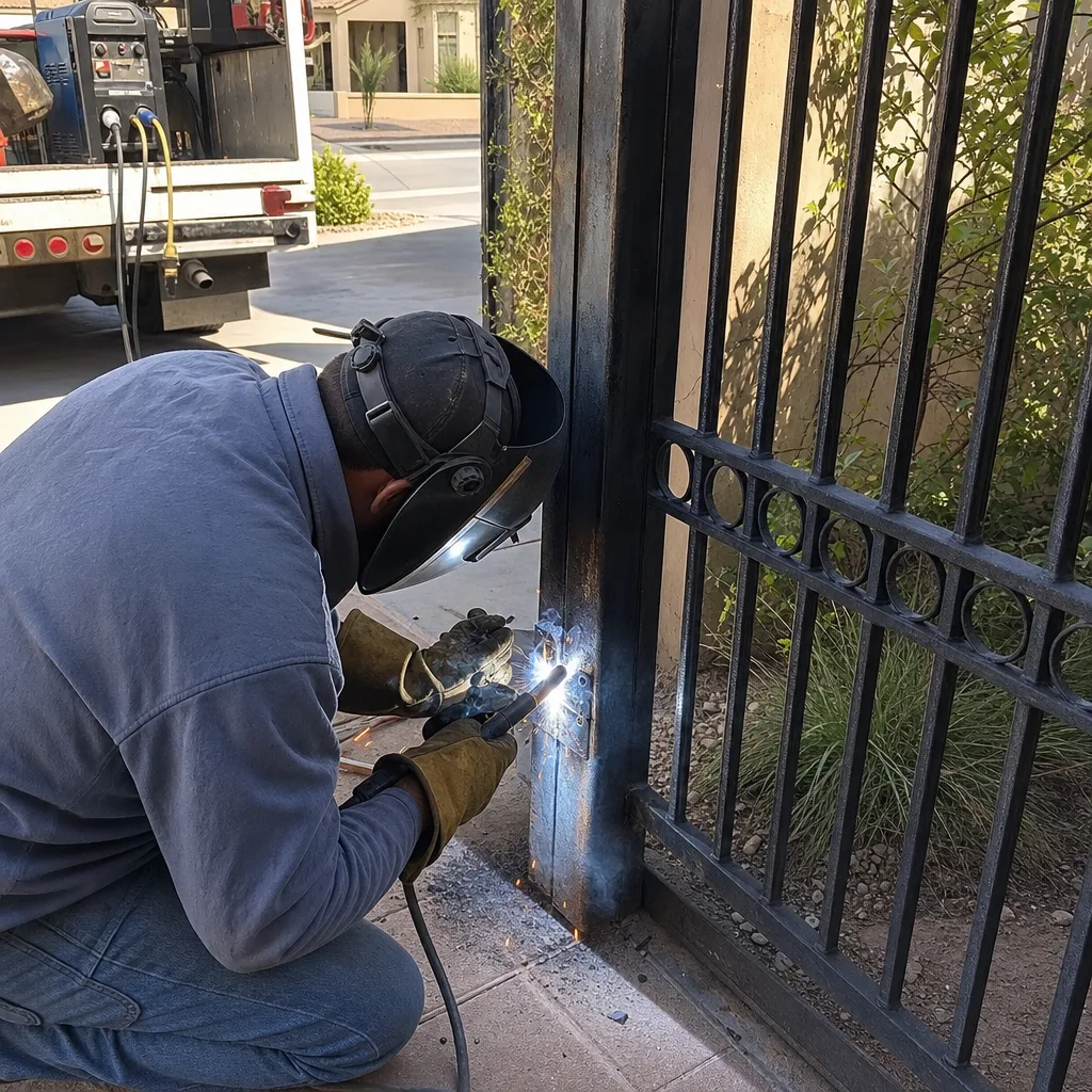 Professional welder performing metal gate repair and welding work